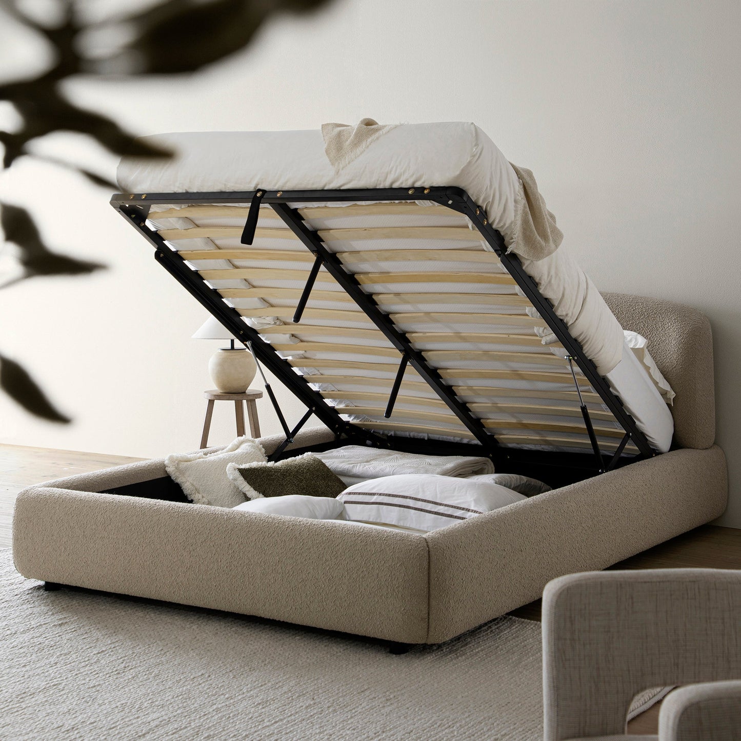 Constance Winged Headboard Ottoman Bed with Storage, Light Taupe Boucle