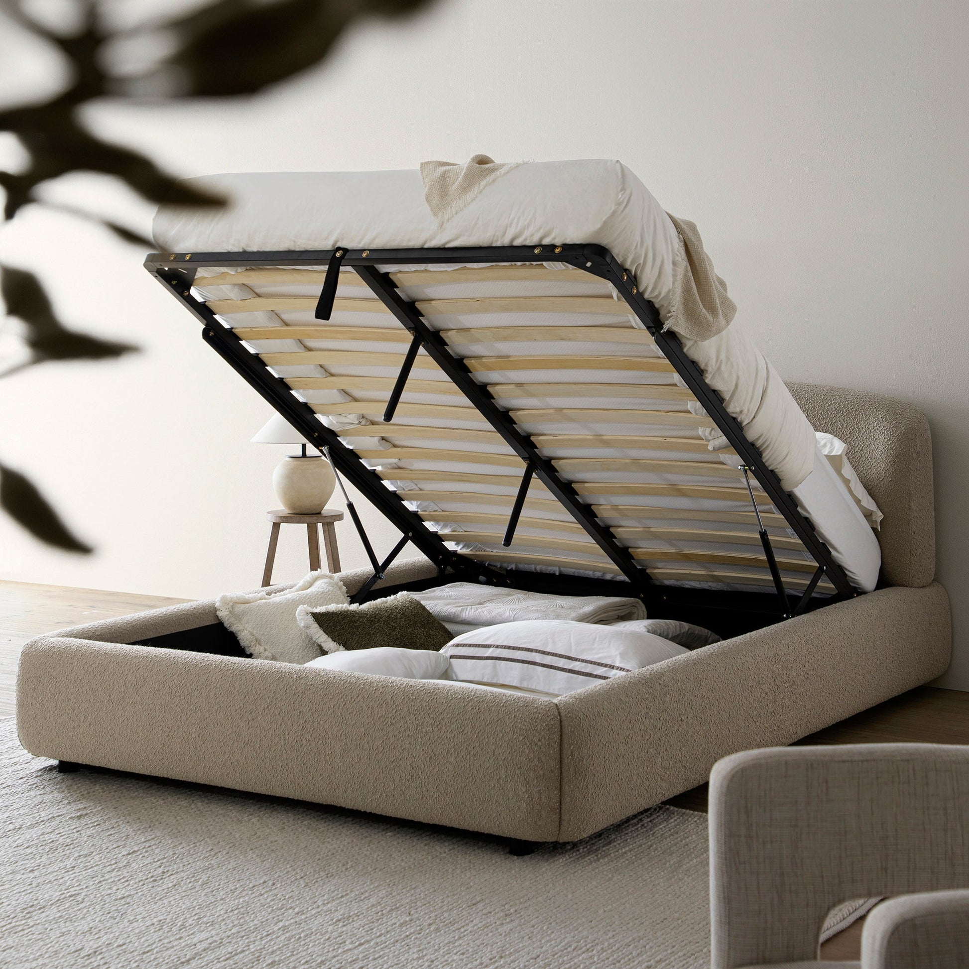 Constance Winged Headboard Ottoman Bed with Storage, Light Taupe Boucle