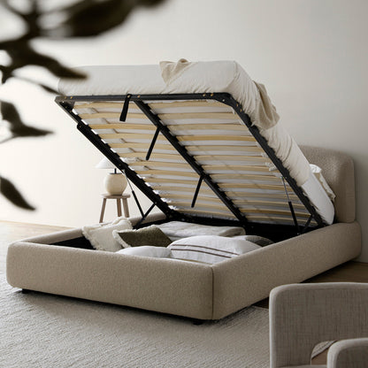 Constance Winged Headboard Ottoman Bed with Storage, Light Taupe Boucle