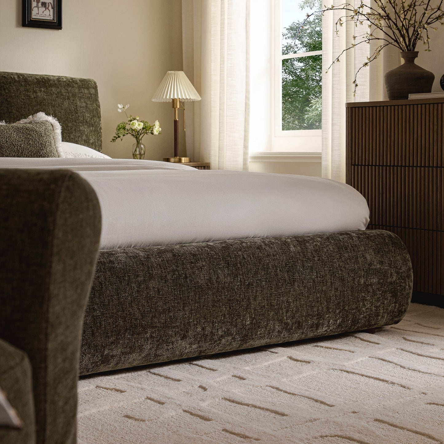 Thera Pillow Headboard Upholstered Bed, Moss Green Chenille