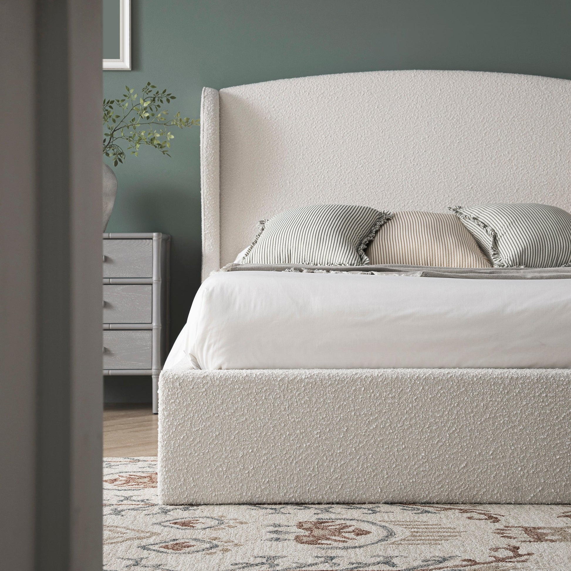 Kimberly Winged Upholstered Bed with Storage, Ecru Boucle
