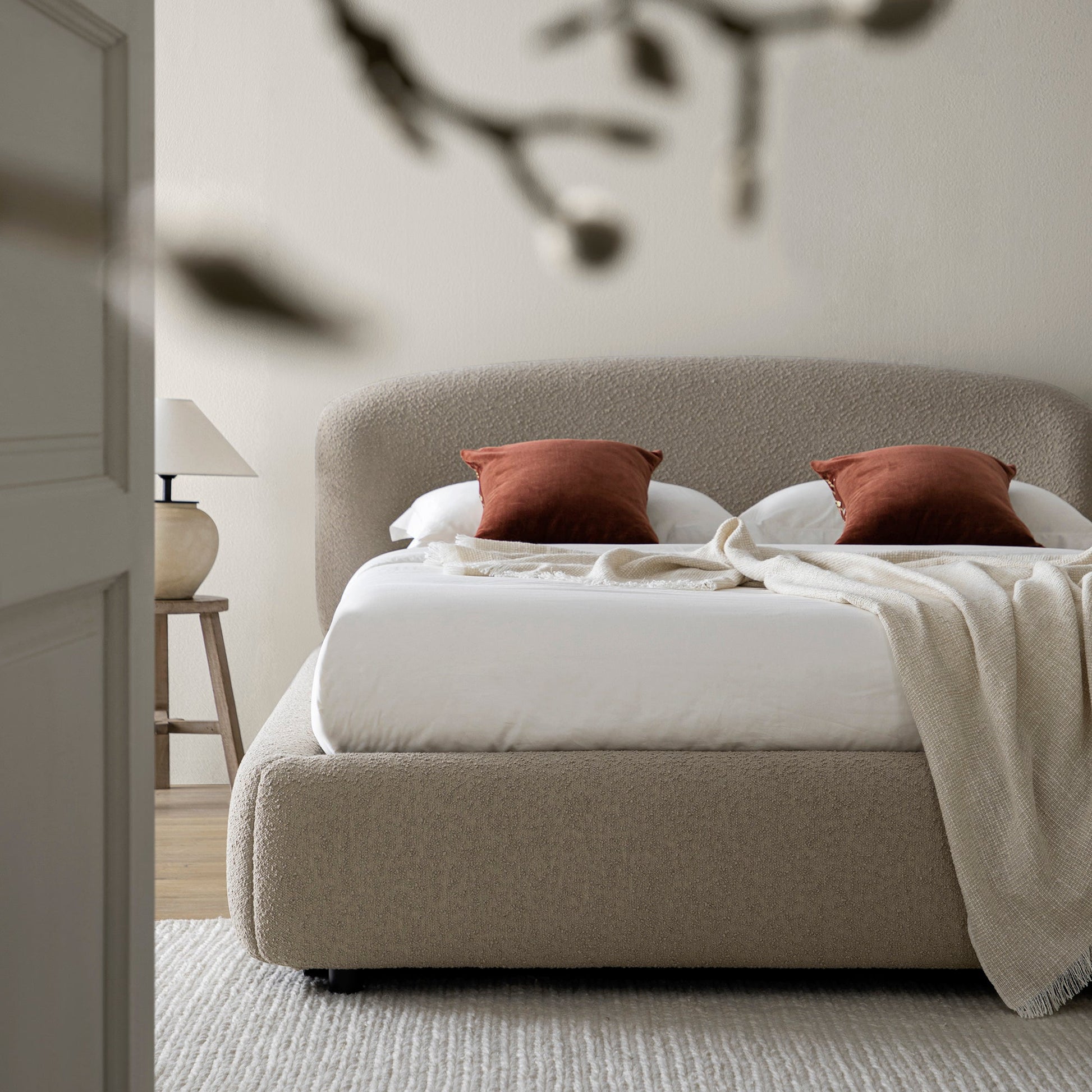 Constance Winged Headboard Ottoman Bed with Storage, Light Taupe Boucle