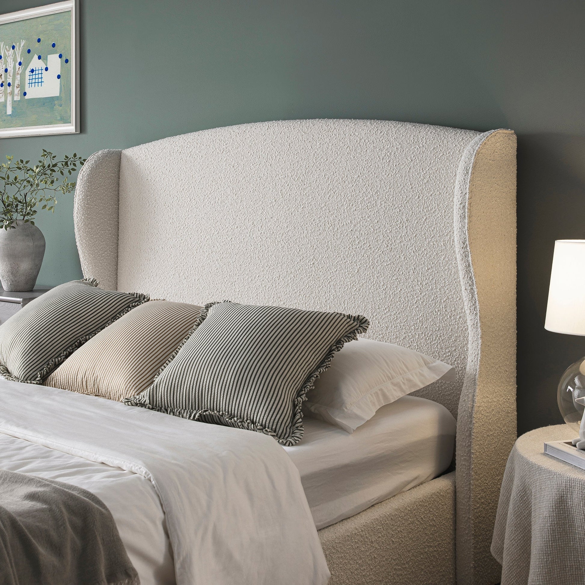 Kimberly Winged Upholstered Bed with Storage, Ecru Boucle