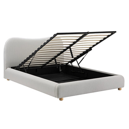 Egerie Curved Headboard Light Taupe Striped Fabric Ottoman Bed with Storage