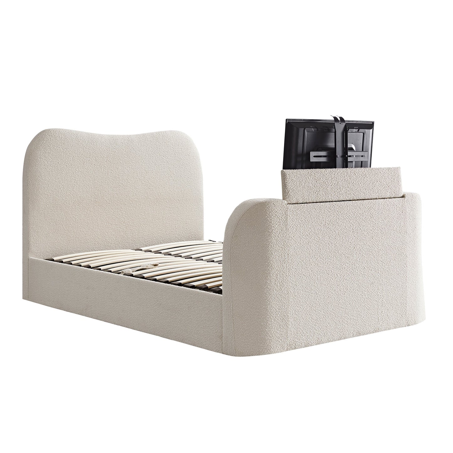 Egerie Curved Headboard Beige Boucle TV Bed with Ottoman Storage
