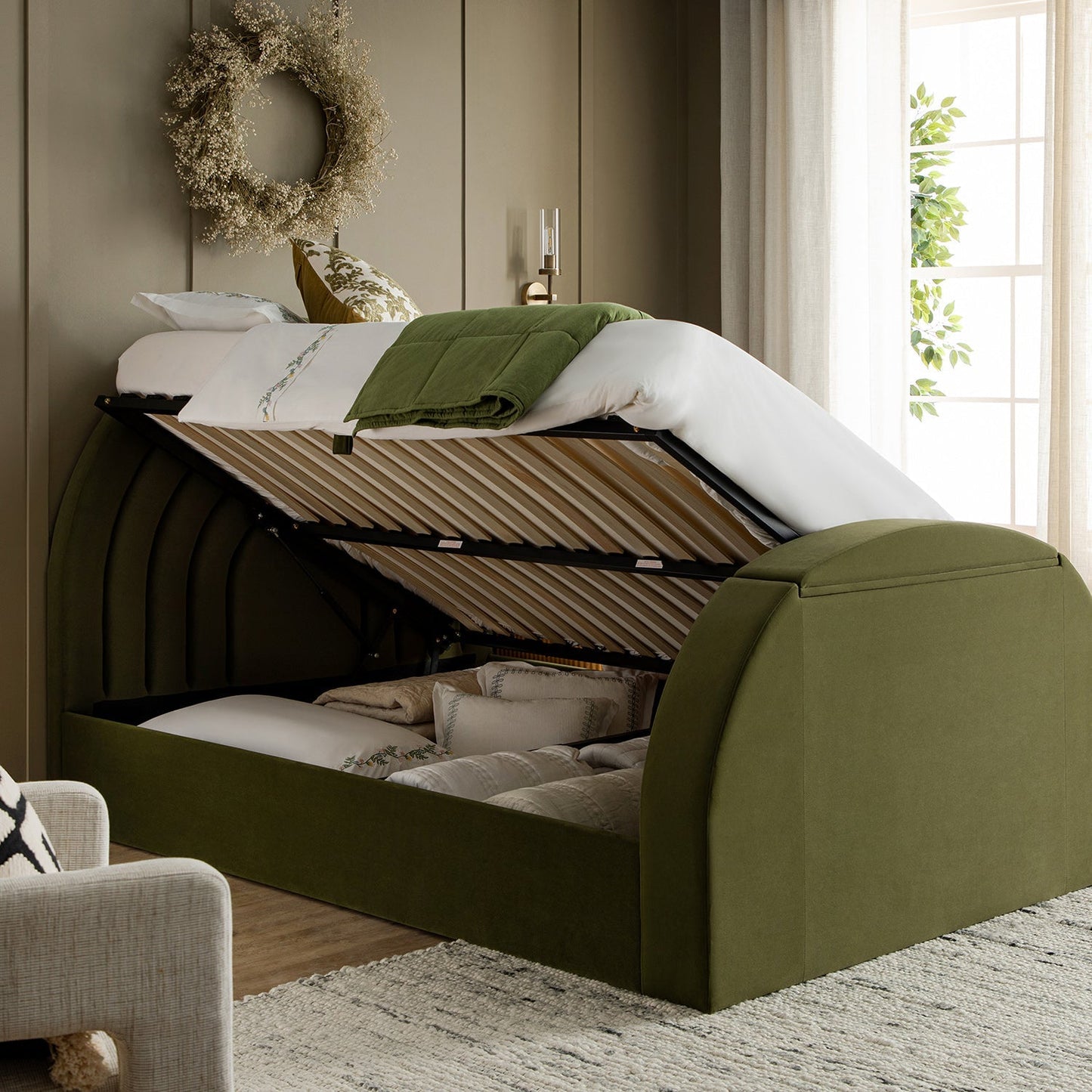 Archer Moss Green Velvet TV Bed with Ottoman Storage