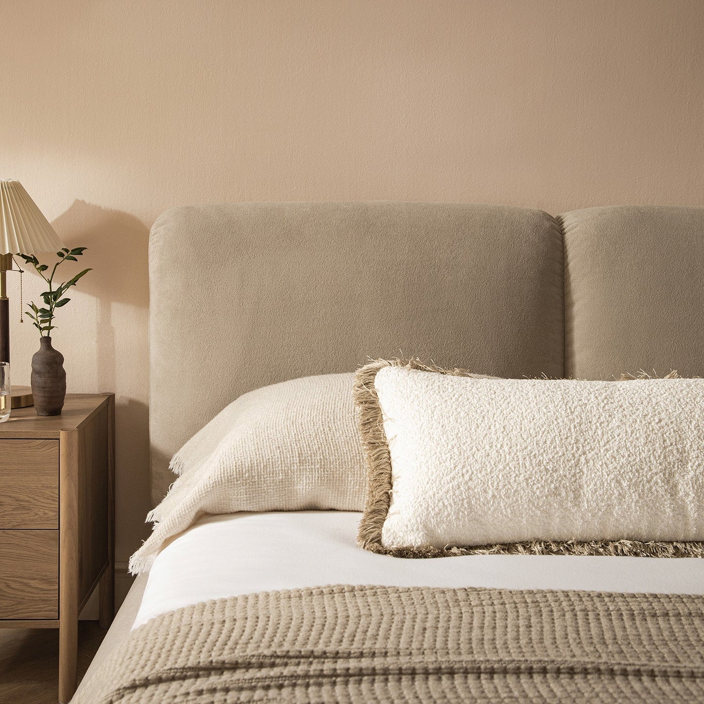 Thera Pillow Headboard Upholstered Bed, Fawn Chenille