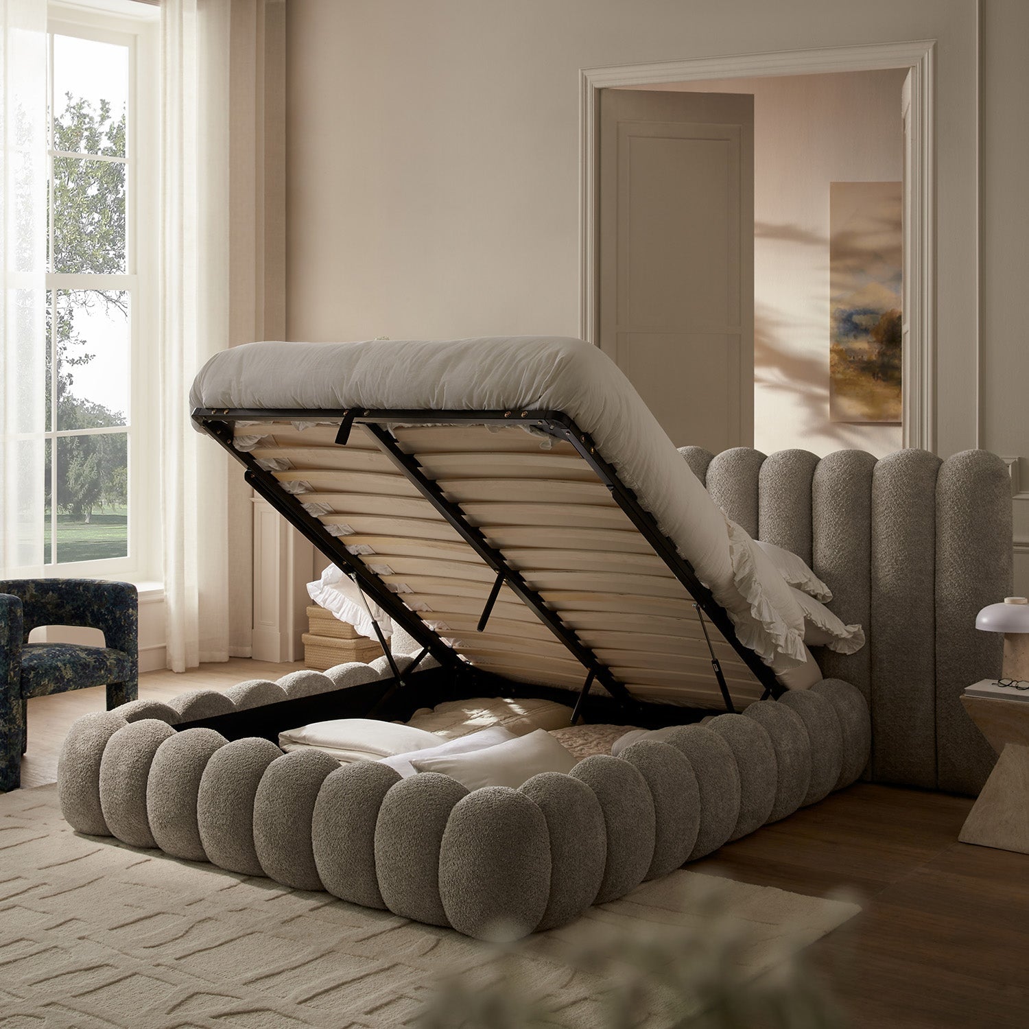 Sebastian Grand Bed with Storage, Stone Teddy Bouclé