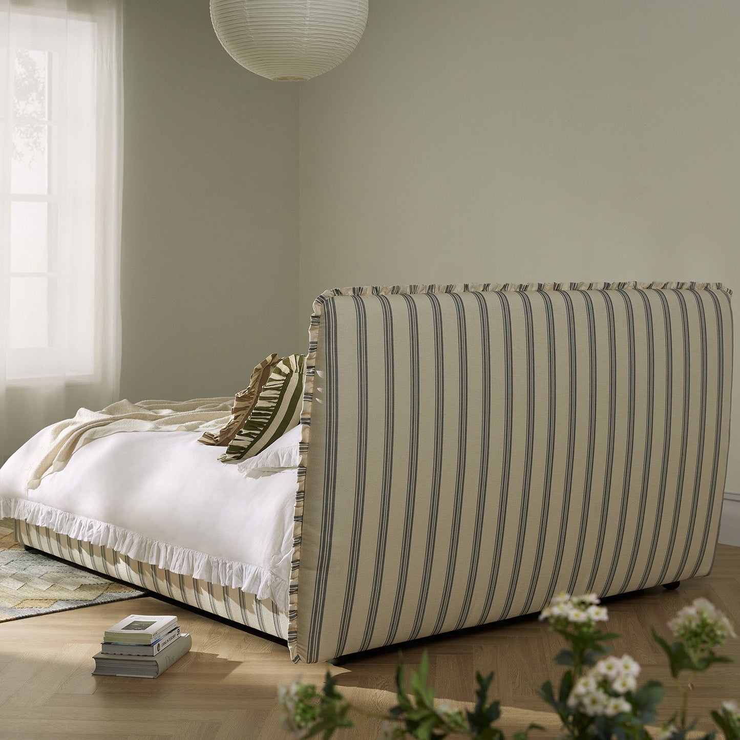 Celeste Upholstered Bed with Storage with Ruffled Headboard, Laurel Green Stripe