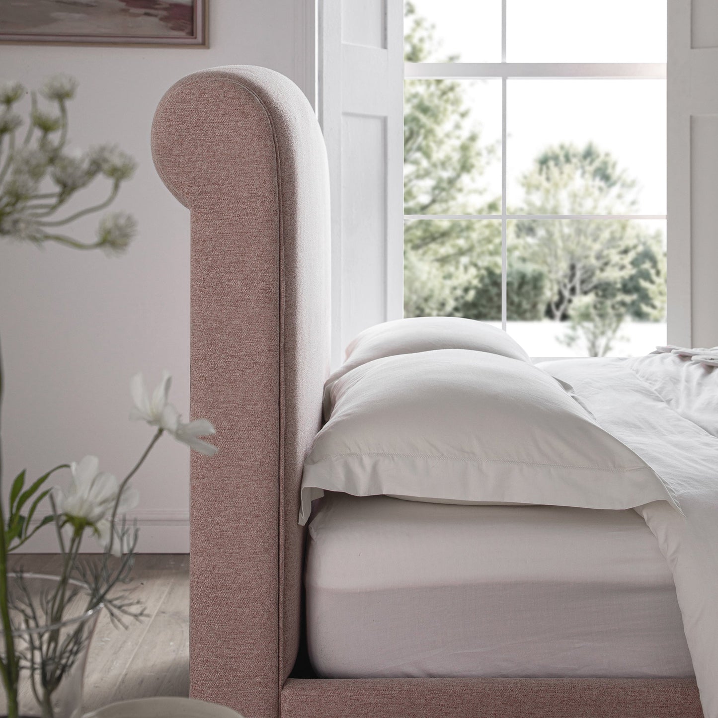 Porchester Ottoman Bed with Storage, Sleigh, Rosewater Pink Fabric