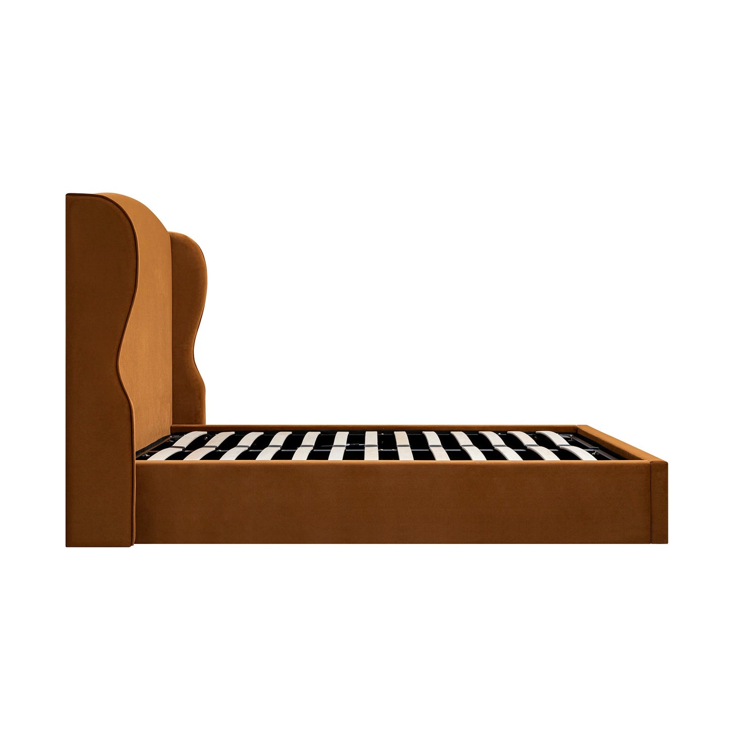 Kimberly Winged Upholstered Bed with Storage, Cinnamon Velvet
