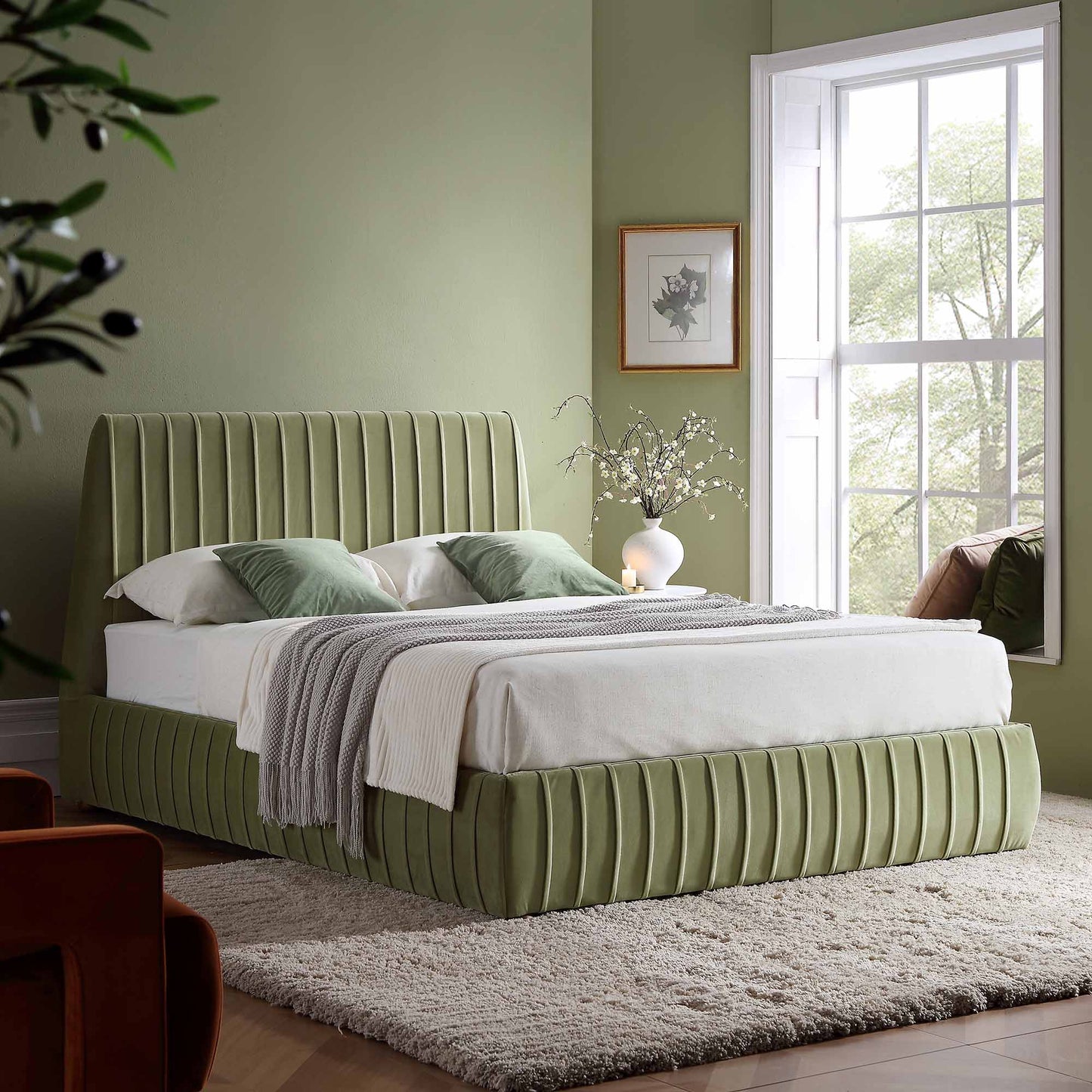 Helia Pleated Ottoman Bed with Storage, Lichen Velvet