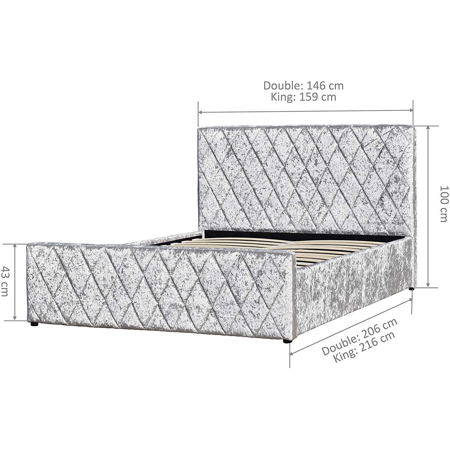 Hayden Crushed Velvet Side Lift Storage Ottoman Bed Upholstered Bed Frame Silver