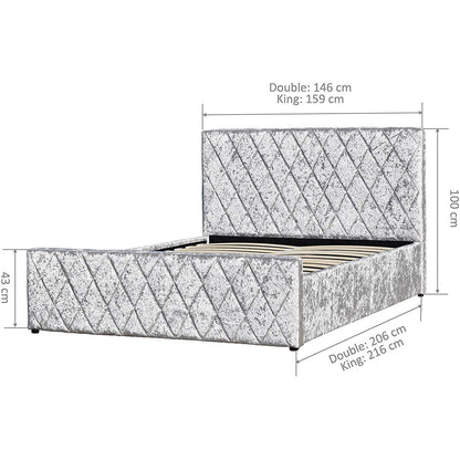 Hayden Crushed Velvet Side Lift Storage Ottoman Bed Upholstered Bed Frame Silver