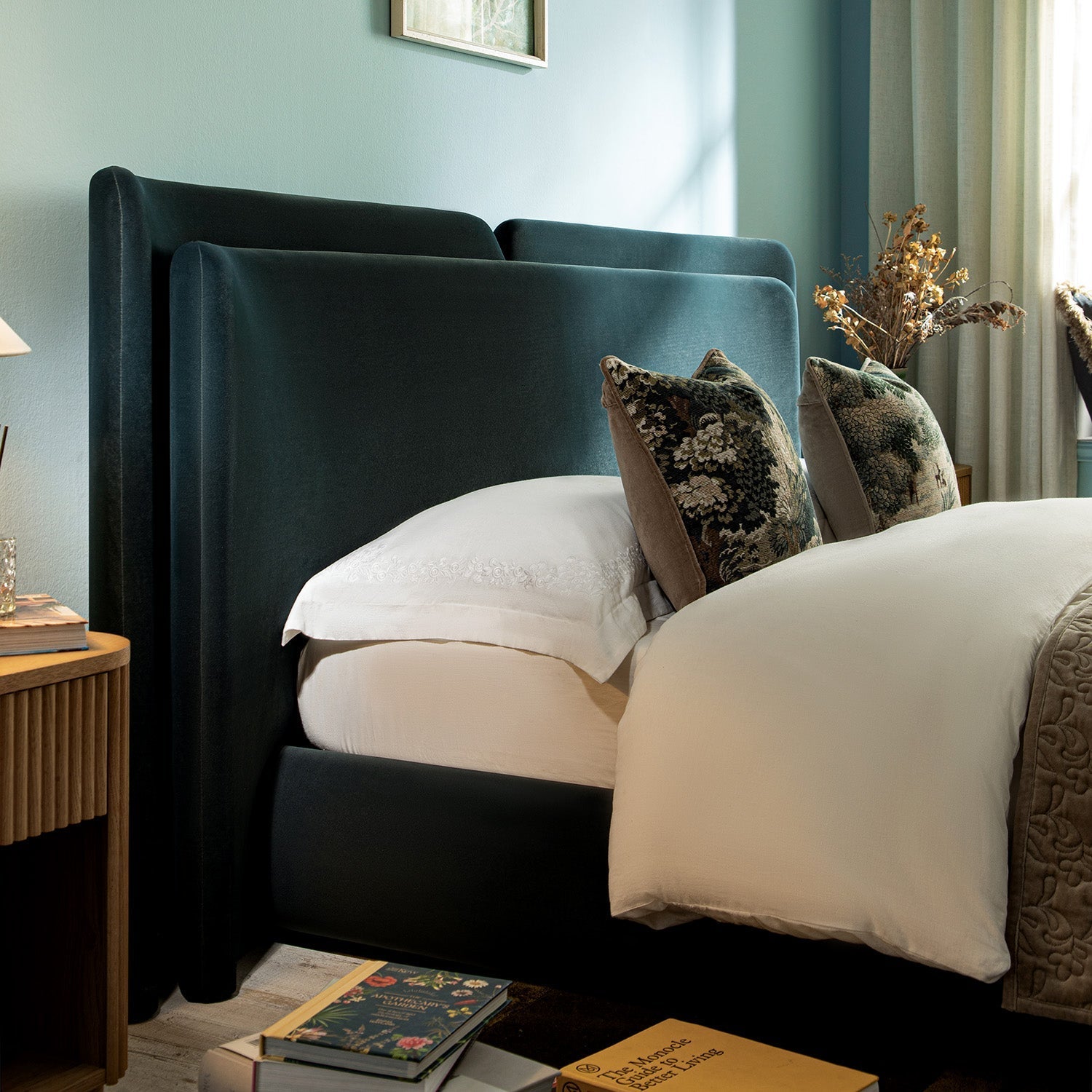 Jolene Layered Wingback Bed with Storage, Aegean Blue Velvet