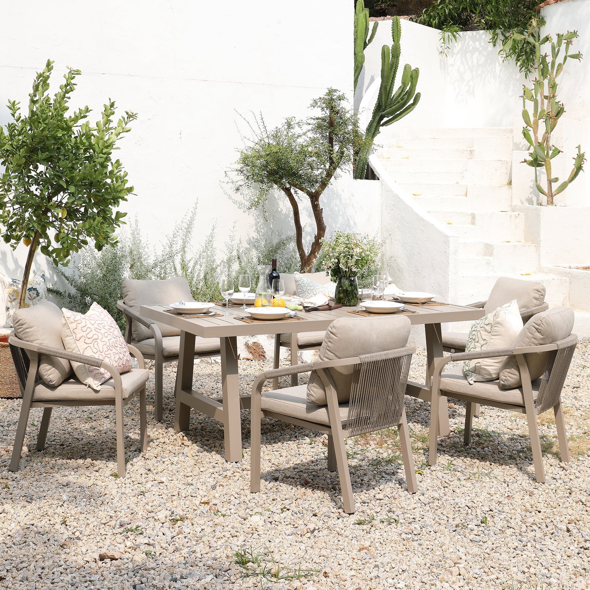 Manresa Rope 6-Seater Rectangular Garden Dining Set, Taupe and Beige