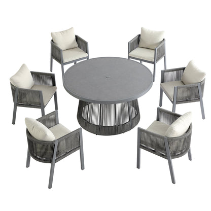 Pedra Rope and Aluminium Outdoor 6-Seater Round Dining Set, Grey