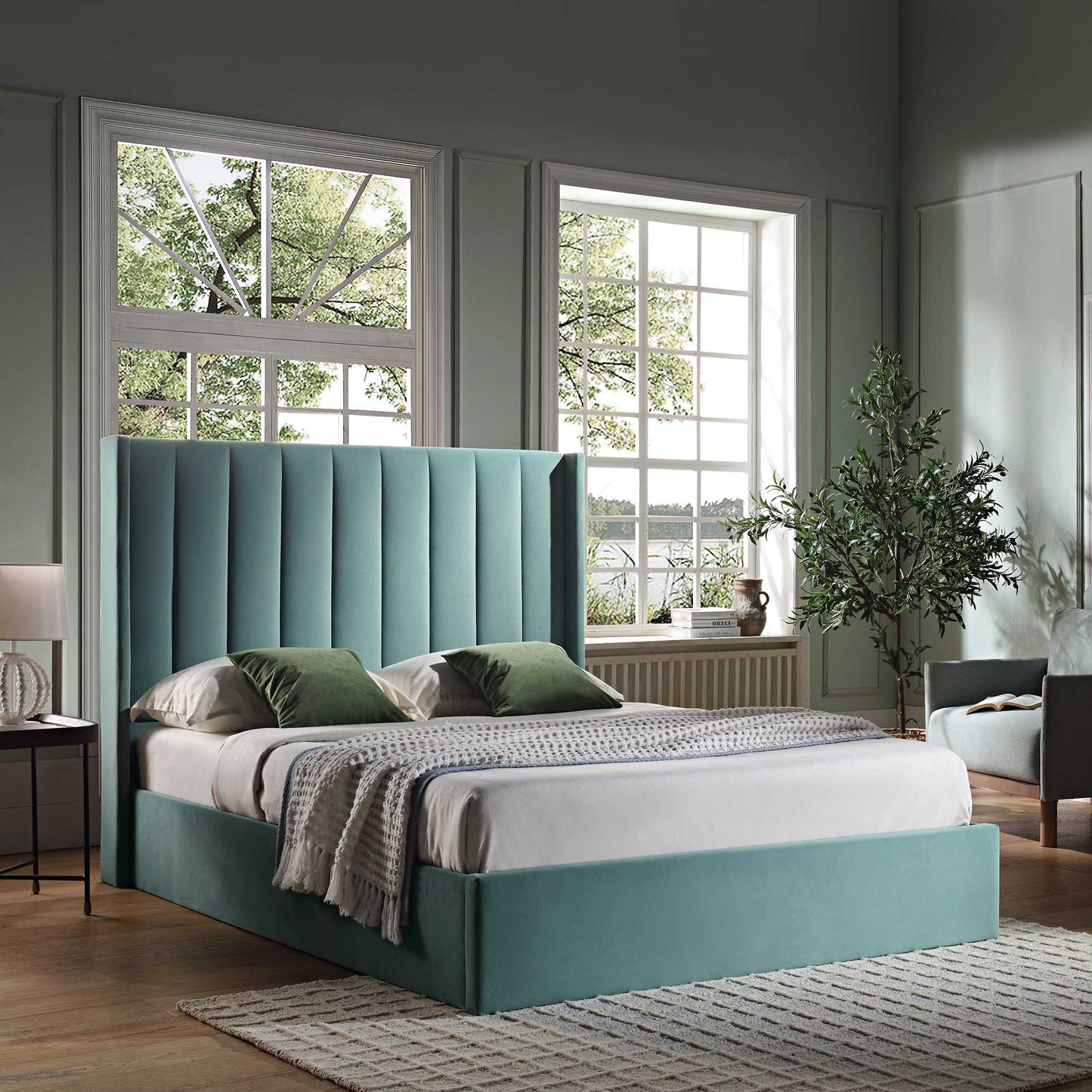 Wilton Seafoam Blue Velvet Ottoman Bed with Storage