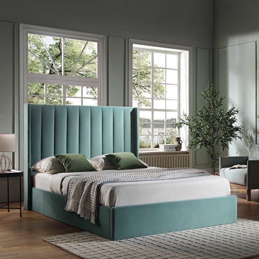 Wilton Seafoam Blue Velvet Ottoman Bed with Storage