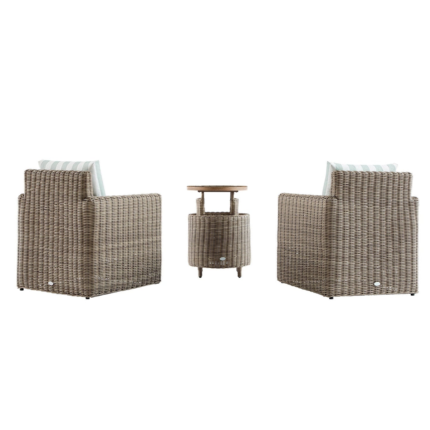 Bellagio Round Wicker Bistro Set with Rising Side Table, Natural with Sage Stripes