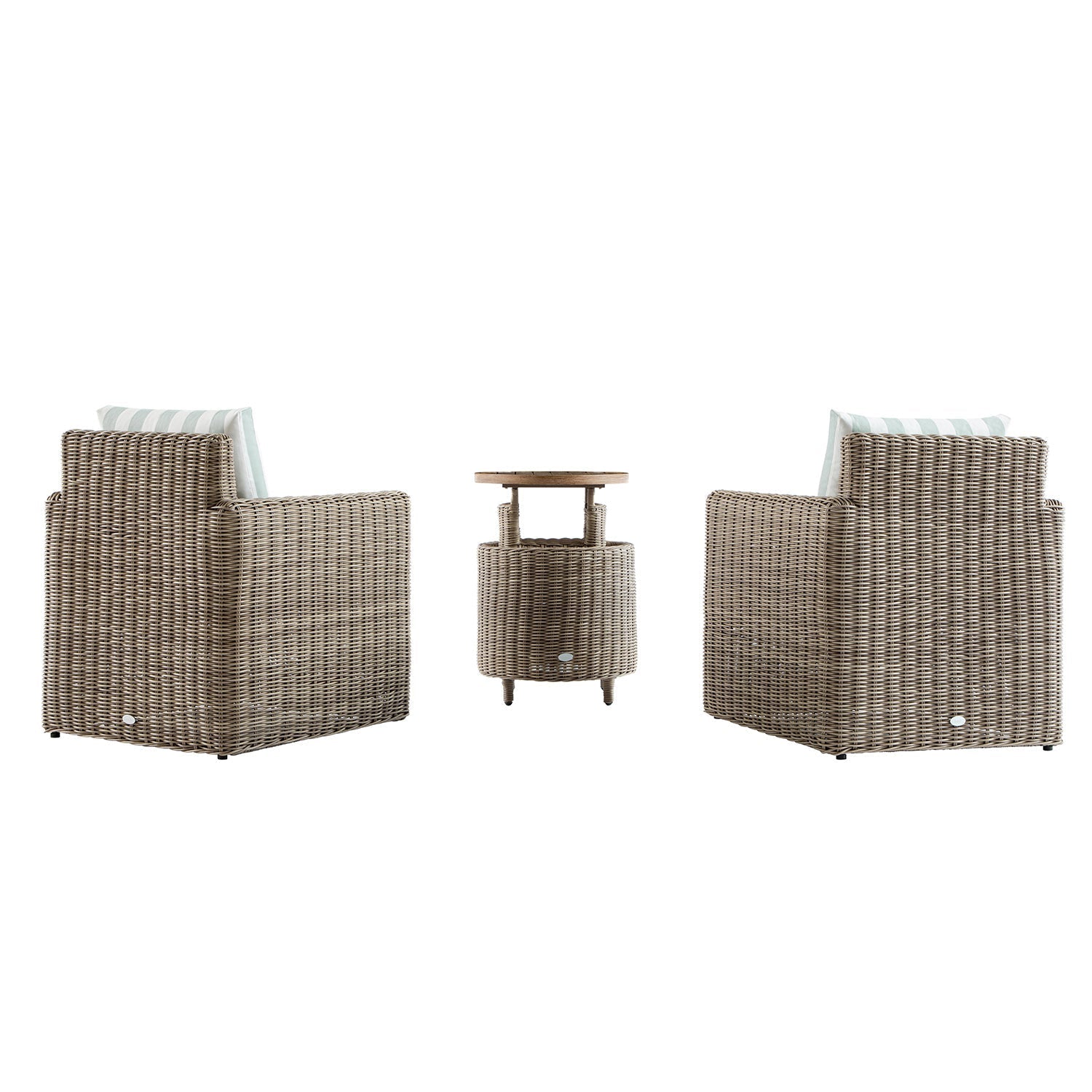 Bellagio Round Wicker Bistro Set with Rising Side Table, Natural with Sage Stripes