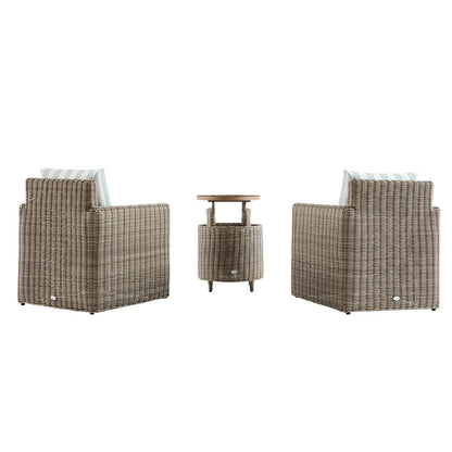 Bellagio Round Wicker Bistro Set with Rising Side Table, Natural with Sage Stripes