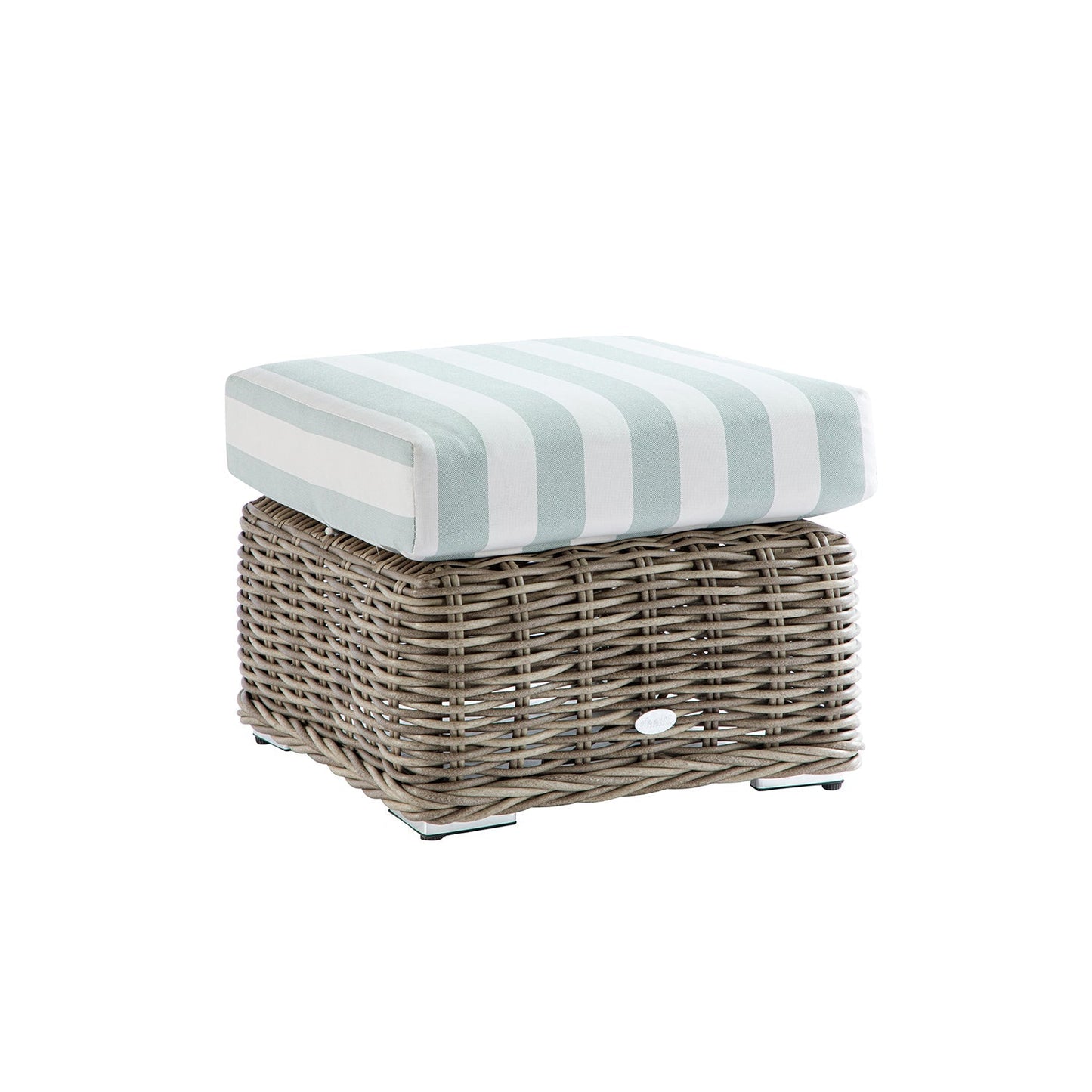 Bellagio Round Wicker Outdoor Footstool, Natural with Sage Stripes