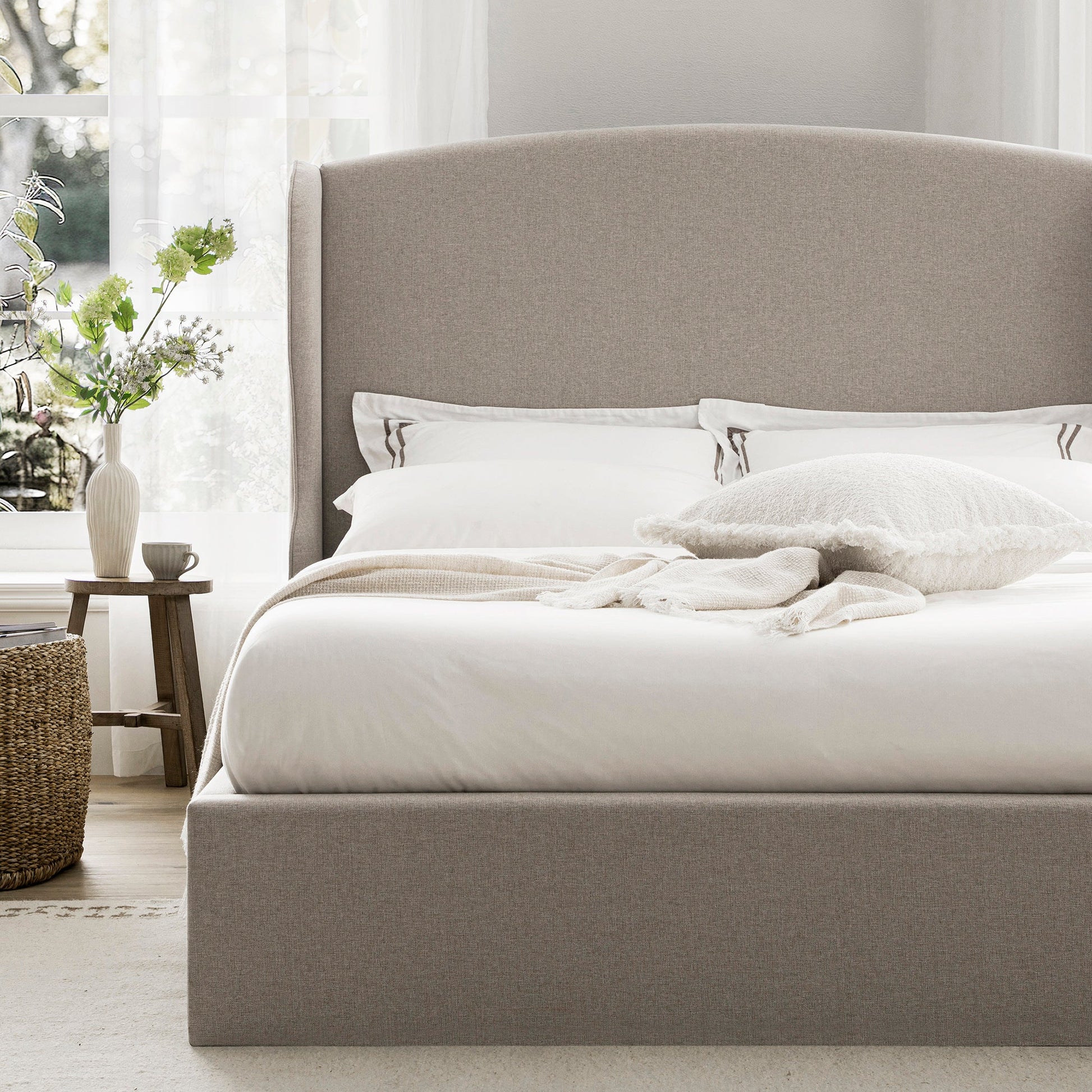 Kimberly Winged Upholstered Bed with Storage, Sand Fabric