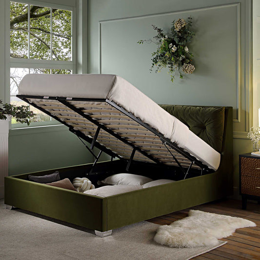 Hadley Moss Green Velvet Ottoman Bed with Storage