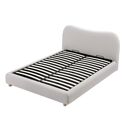 Egerie Curved Headboard Light Taupe Striped Fabric Ottoman Bed with Storage