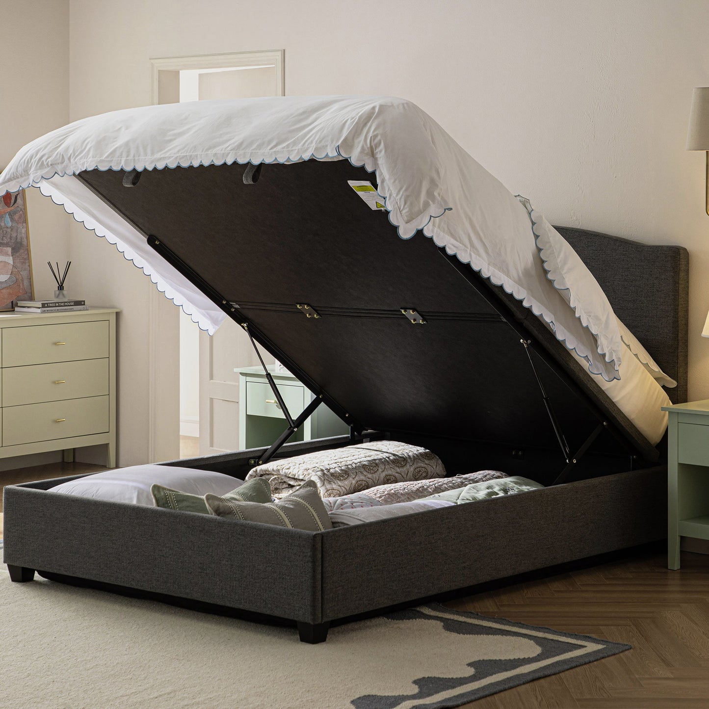 Chilworth Upholstered Ottoman Bed with Storage, Dark Grey Weave Fabric