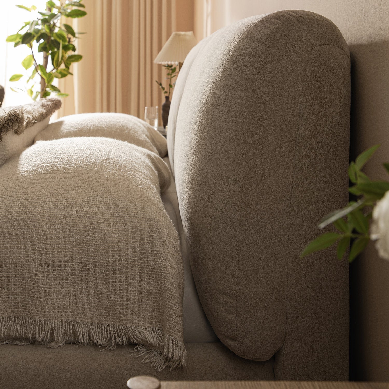 Thera Pillow Headboard Upholstered Bed, Fawn Chenille