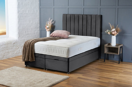 Aria Ottoman Divan Bed with Headboard – Gas Lift Storage – Steel Plush