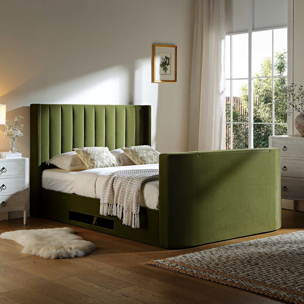 Wilton Moss Green Velvet TV Bed with Ottoman Storage