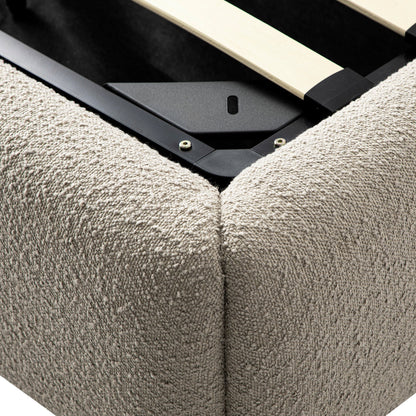 Constance Winged Headboard Ottoman Bed with Storage, Light Taupe Boucle