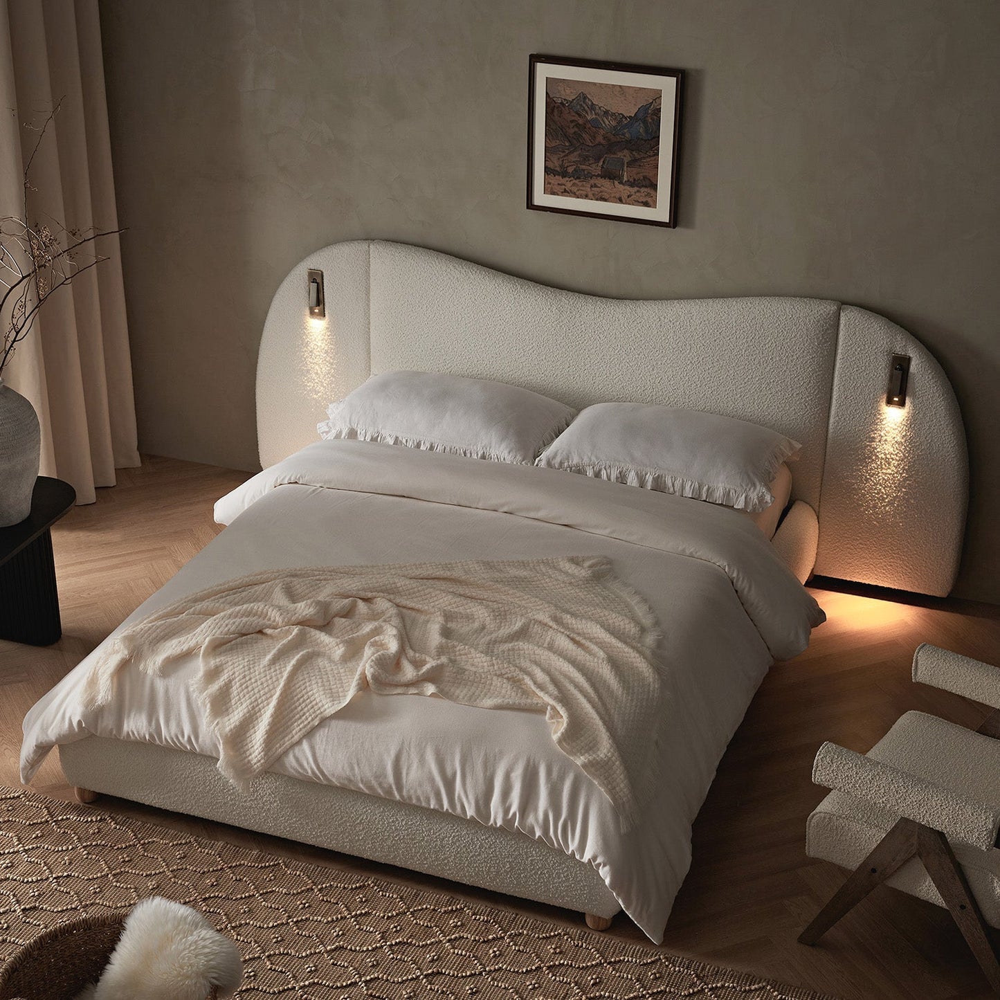 Egerie Extended Headboard Ottoman Bed with Storage, Beige Boucle