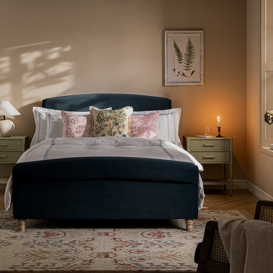 Porchester Ottoman Bed with Storage, Sleigh, Aegean Blue Velvet