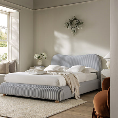Egerie Curved Headboard Slate Blue Striped Fabric Ottoman Bed with Storage