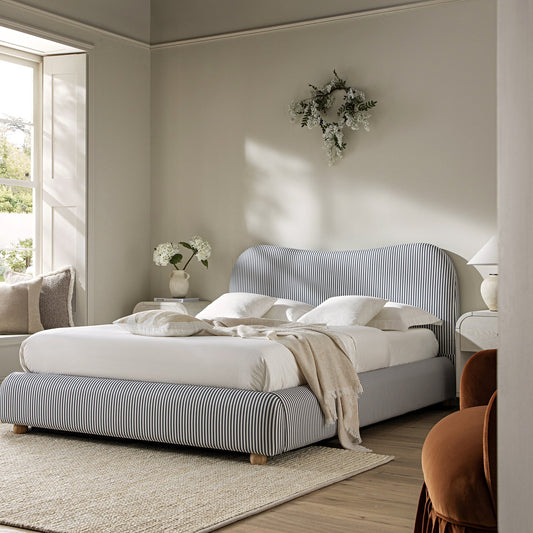 Egerie Curved Headboard Slate Blue Striped Fabric Ottoman Bed with Storage