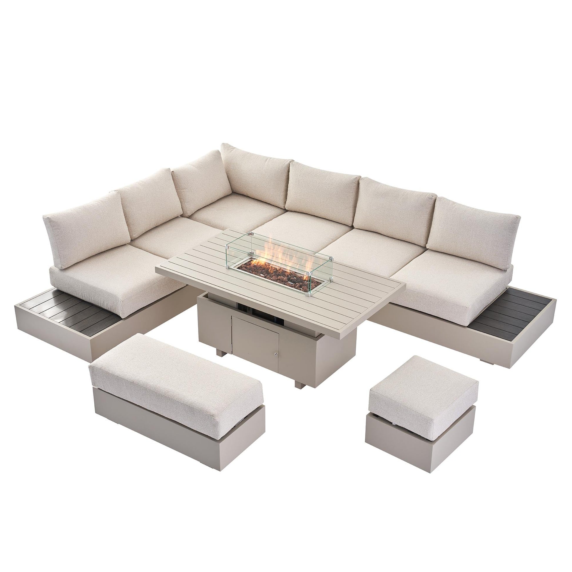Jardin Aluminium Large Corner Casual Garden Dining Set with Rising Firepit Table, Pumice