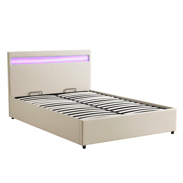 Pimlico End Opening Ottoman Bed with Storage Frame with Multi-colour LED Headboard (Beige Fabric)