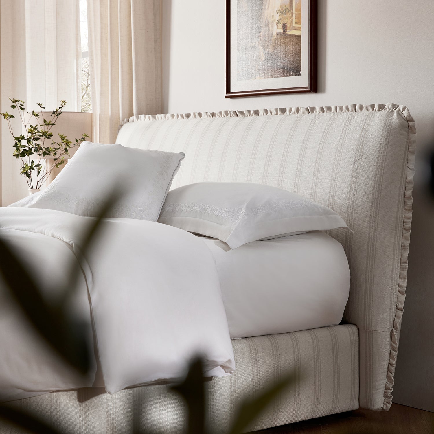 Celeste Upholstered Bed with Storage with Ruffled Headboard, Seashell Stripe