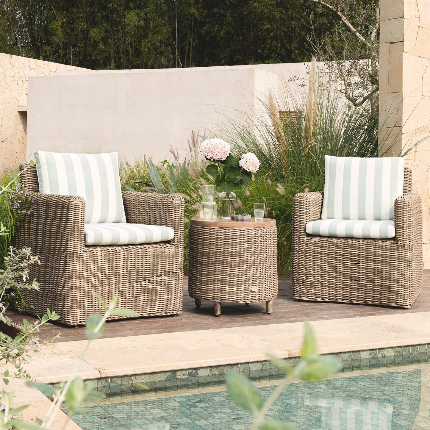 Bellagio Round Wicker Bistro Set with Rising Side Table, Natural with Sage Stripes