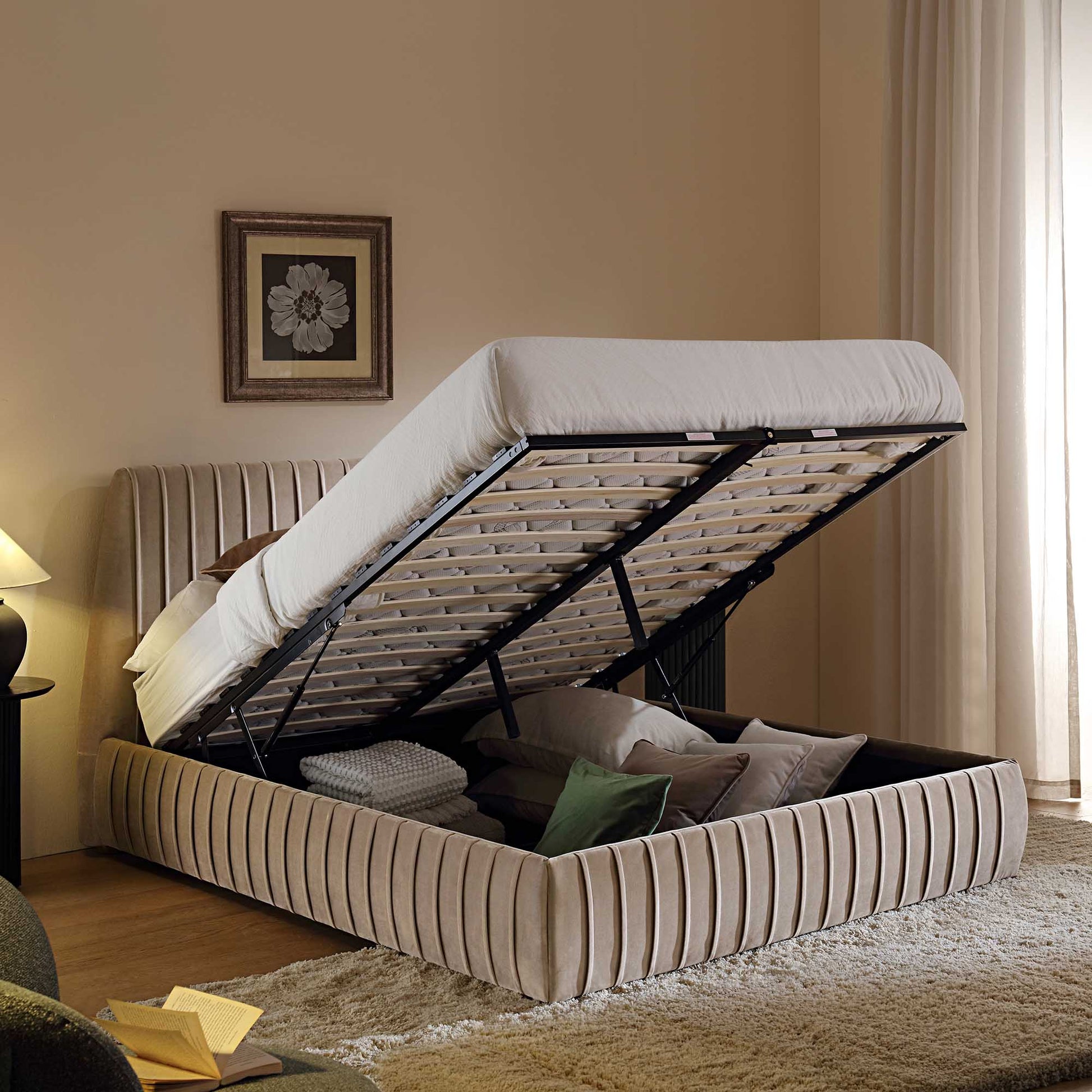 Helia Pleated Ottoman Bed with Storage, Taupe Velvet
