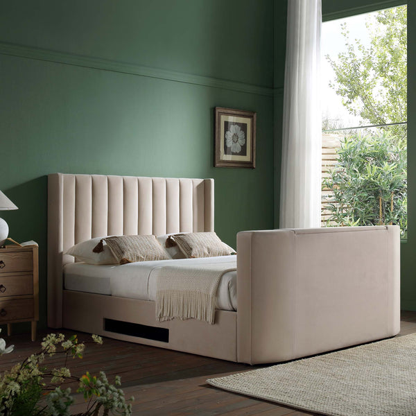 Wilton Champagne Velvet TV Bed with Ottoman Storage