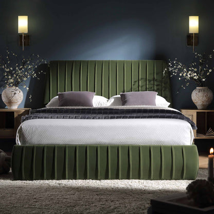 Helia Pleated Ottoman Bed with Storage, Moss Green Velvet