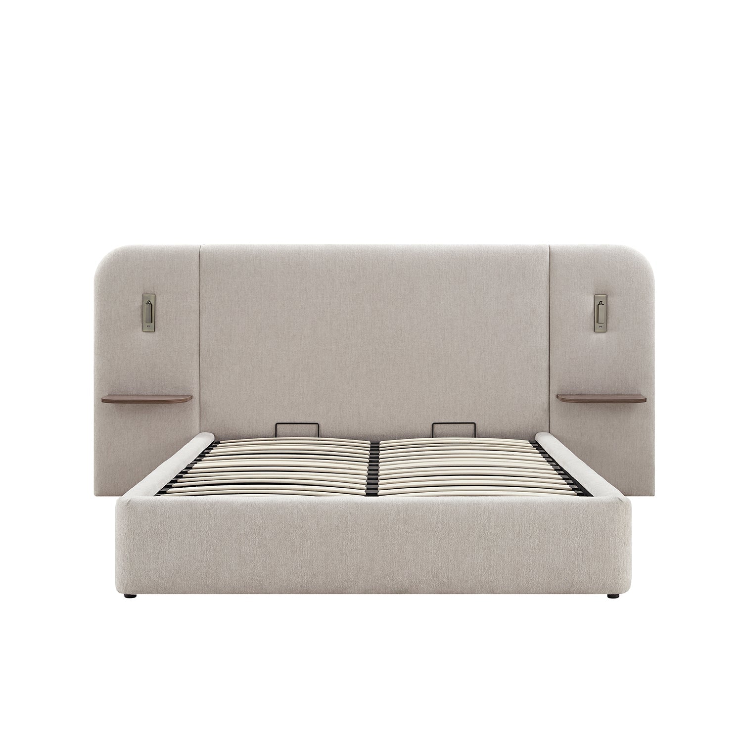 Della Extended Headboard Bed with Storage, Soft Beige Chenille