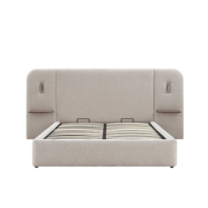 Della Extended Headboard Bed with Storage, Soft Beige Chenille