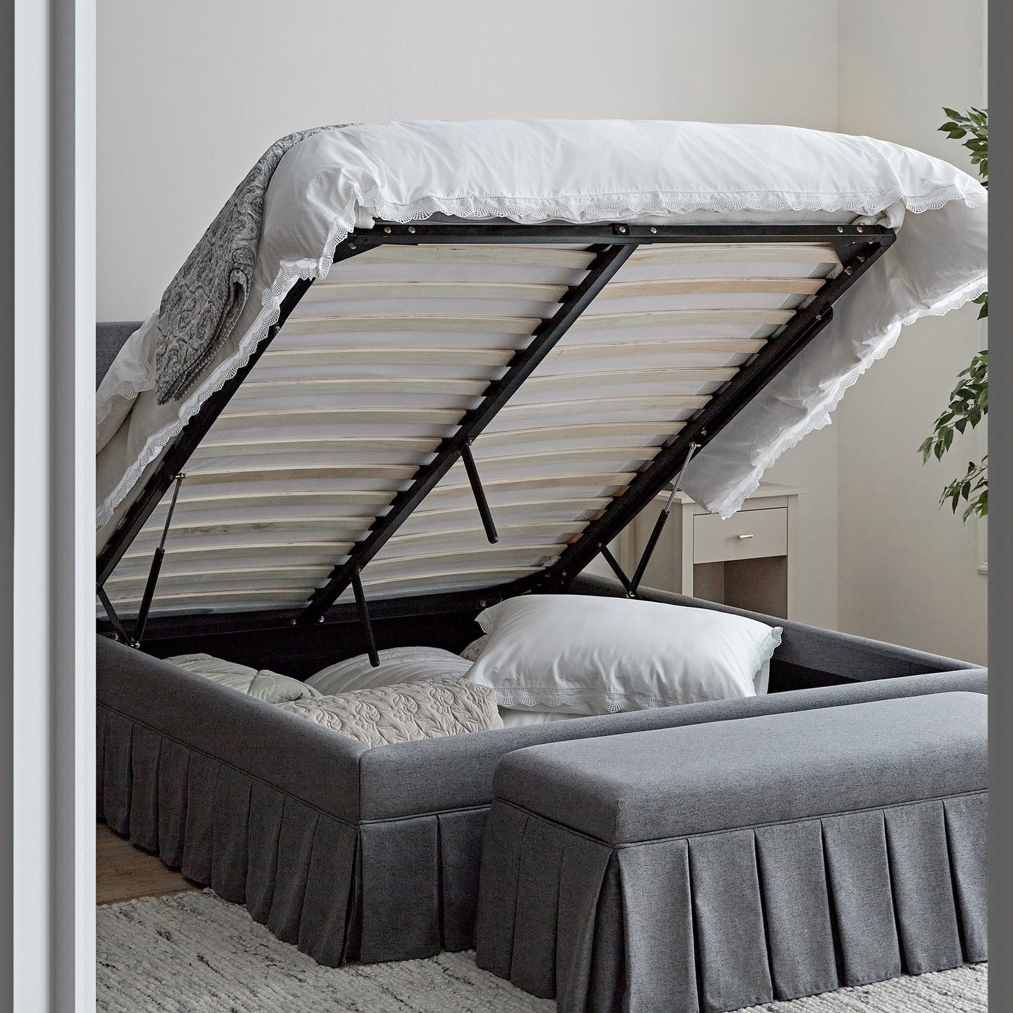 Egerton Box-Pleat Ottoman Bed with Storage, Charcoal Brushed Fabric