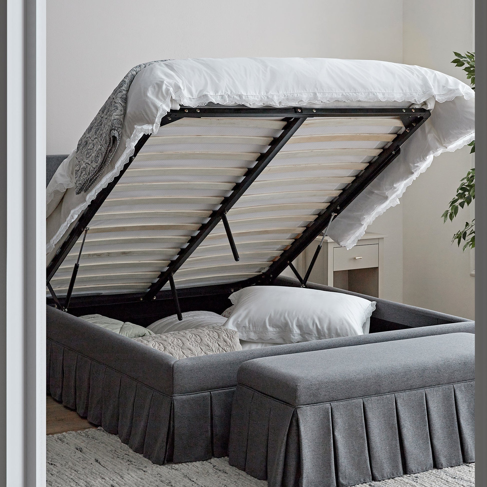 Egerton Box-Pleat Ottoman Bed with Storage, Charcoal Brushed Fabric